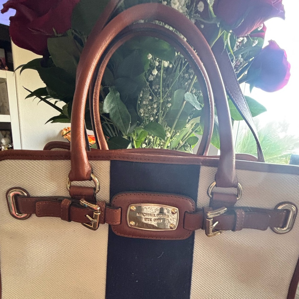 Michael Kors Canvas Tote with Brown and Navy Accents
